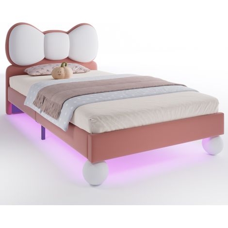 Lit Enfant Simple 90 x 200 cm en Velours avec Tête Nœud Papillon et LED Réglable, sans Matelas, Beige et Rose (1/5)