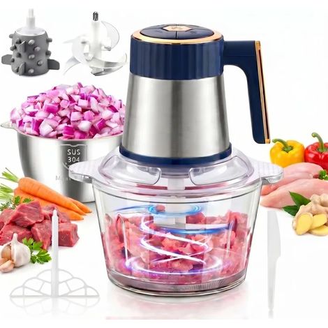 ®RisingFF Hachoir Électrique avec 2 Bols(Verre + Acier Inox), 5 Vitesses, 6 Lames en Acier Inoxydable,Éplucheur d'ail en silicone (1/5)