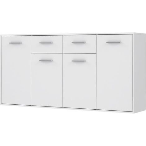 Les Tendances – Buffet bas PILVI – 4 portes et 2 tiroirs – Blanc mat – Dimensions L 162,3 x P 34,2 x H 88,1 cm – Structure en bois et panneaux de particules (1/7)