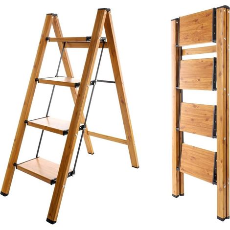 Escabeau pliable à 4 marches portable en aluminium léger avec pédales larges antidérapantes Capacité de 150 kg pour la maison, la cuisine, le jardin, le bureau – Noir + couleur grain de bois (1/5)