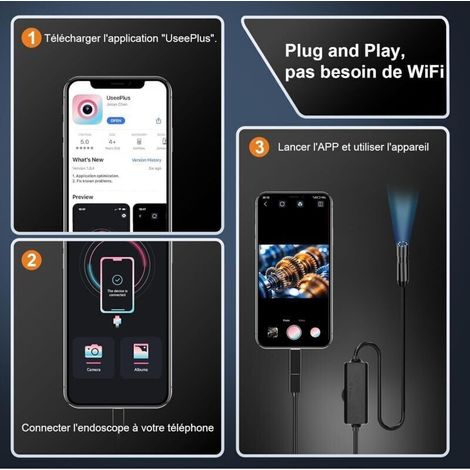 Caméra Endoscopique, 1920P HD Camera d'Inspection Canalisation, IP67 Endoscope Camera avec 8 lumières LED Câble Semi-Rigide de 5m pour iPhone iOS iPad Android Smartphone (1/3)