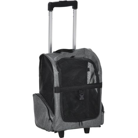 PawHut Sac de transport à roulettes pour chien 2 en 1 trolley chariot sac à dos pour chien chat avec poignée téléscopique, sacs de rangement, aérations, attache de sécurité, 42 x 25 x 55 cm, gris