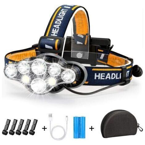 Lampe Frontale LED Rechargeable, Ultra Puissante Lampe à 8 Del de 18000 Lumens, Torche Frontale Étanche et Léger, Parfait pour Le Camping, la Pêche, la Cave, Le Jogging et la Randonnée