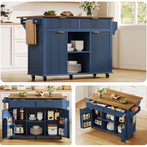 Kücheninsel auf Rollen 120×45 cm mit klappbarer Arbeitsplatte, Küchenwagen mit 2 Schubladen, 2 Türen, Gewürzregalen und Handtuchhaltern, Rollbarer Küchenschrank mit Stauraum, Cloisonné-Blau – Erweiter (1/5)