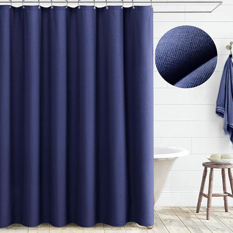 Rideau de douche en lin texturé rideau bohème et rustique avec doublure en tissu, livré avec 10 crochets pour salle de bain, 152 x 183 cm (l x L) (bleu marine) (1/5)