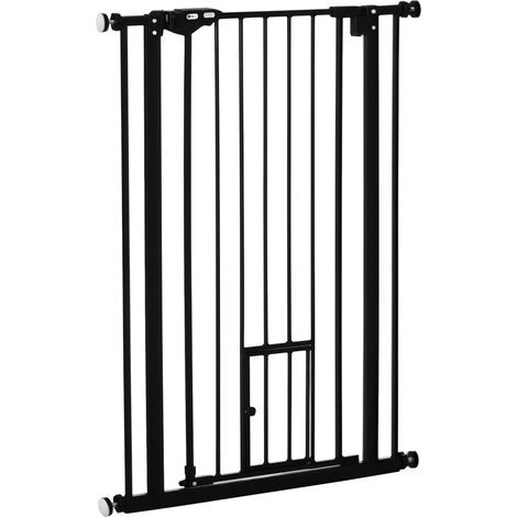 Barriera di sicurezza per animali domestici, altezza 104 cm, design alto con porta per gatti, chiusura automatica, sistema a doppia serratura, senza foratura, da 74 a 80 cm, acciaio nero (1/5)