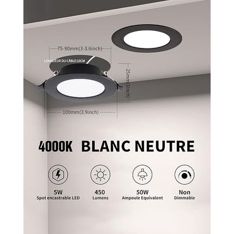 Pack of 5 LED Recessed Spotlights, 5 W, Black, Bathroom Spotlights, IP44, Ultra-Thin 25 mm, Warm White 3000K, Holes Diameter 75-90 mm, Round LED Outdoor Spotlight, AC 220V-240V, for Kitchen (1/4)