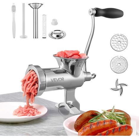 Vevor – Hachoir à viande manuel en acier inoxydable 304 – Fixation par pince de table – 2 plaques de coupe 5/8 mm – Poussoir à saucisses inclus
