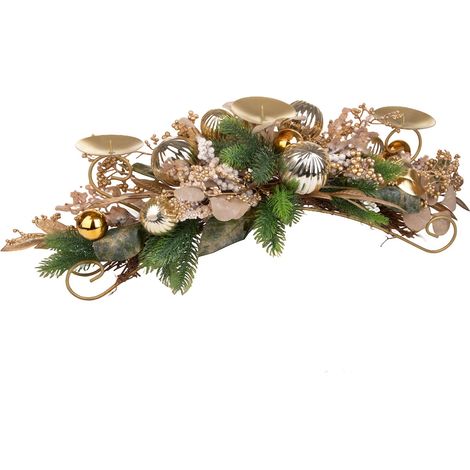 Portacandela decorativo oro con bacche e sfere per decorazioni natalizie, per 3 candele