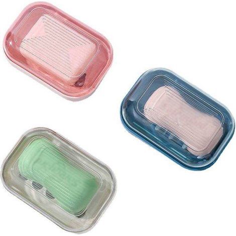 Three-pack travel soap boxes, portable soap boxes, waterproof and airtight, suitable for travel and family use (dark blue, off-white, pink). (1/2)