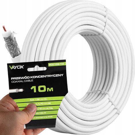 Cavo coassiale per antenna, 10 m, 1,02 mm², in rame e PVC, resistente ai raggi UV.