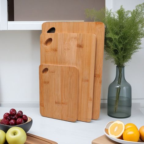 Ensemble de 3 planches à découper en bambou — Planches à découper de cuisine en bois massif — Planches verticales antidérapantes en bambou avec trous de suspension — Tailles petite, moyenne et grande (1/5)