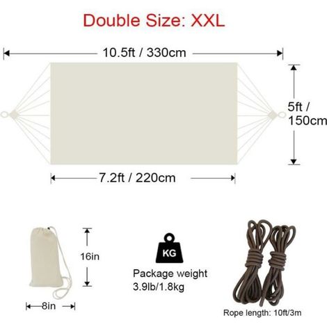 Hamac double extra large pour 2 personnes, dimensions 220x150 cm, longueur totale 330 cm, charge maximale 300 kg, en toile de coton résistante (1/5)