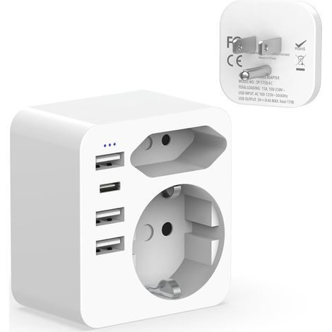 Adaptateur Prise USA, 6-en-1 Adaptateur Voyage avec 3 Ports USB A et 1 Port USB C,Adaptateur Prise Americaine,Type B (1/5)