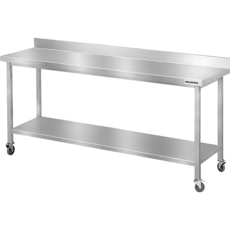 Table de travail en inox Bar 1800x600 mm avec 1 étagère inférieure et dosseret sur roulettes PREMIUM - GOLDINOX (1/2)