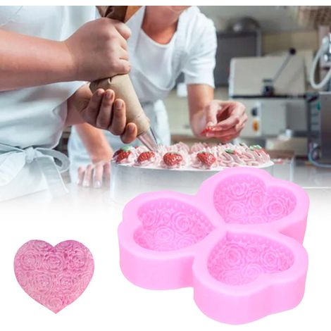 Moule à savon en silicone en forme de cœur à 3 cavités, motif rose, pour la décoration de gâteaux et de fondant (rose) (1/5)