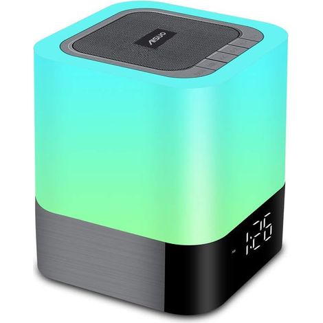 Veilleuse 5 en 1 avec haut-parleur Bluetooth, réveil et calendrier numérique 12/24 h, commandes tactiles, batterie 4000 mAh, compatible cartes TF et SD, lecteur de musique et décoration de chambre.