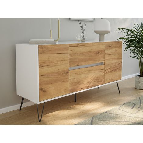 Sideboard Yako 140cm 2 SoftClose 2 Türen Weiß/Eiche Front