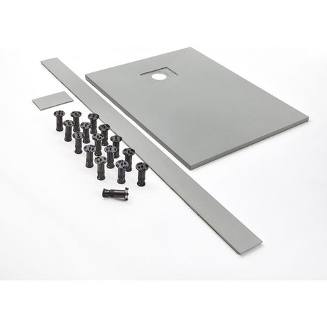 Milano Rasa 1100mm x 700mm Light Grey Textured Slate Effect Rectangular Shower Tray and Fast Flow Waste - With Recessed Riser Kit (1/5)