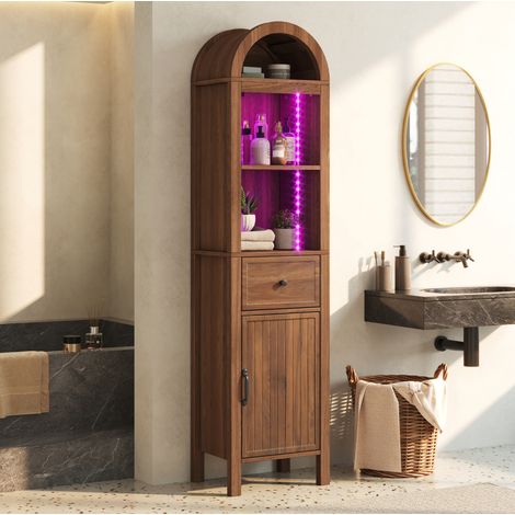 Mobile alto da bagno 163 cm con LED RGB, anta reversibile, cassetto, MDF noce (1/5)