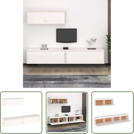 The Living Store Ensemble de meubles TV 3 pcs blanc bois massif de pin - Meuble Tv - Meuble Suspendu - Rangement Mural - Bibliothèque Murale - Décoration Murale (1/5)