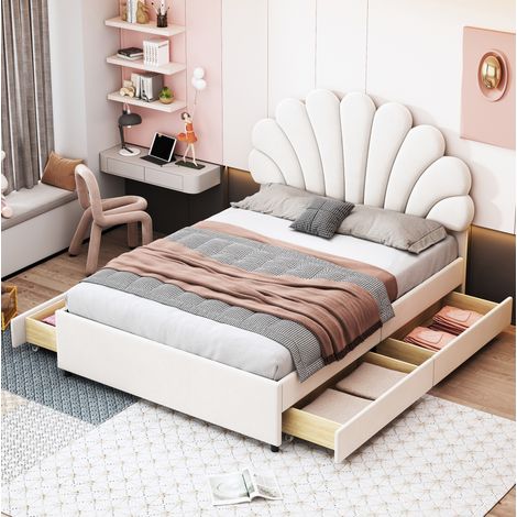 Lit enfant 140x200 cm – Lit double capitonné avec 4 tiroirs et sommier à lattes – Tête de lit fleurie en velours – Charge max 250 kg – beige (1/5)