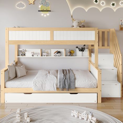 Letto a soppalco 252x128.5x146cm scale contenitore armadio MDF bianco barriera sicurezza letto per 3 adatti agli adolescenti