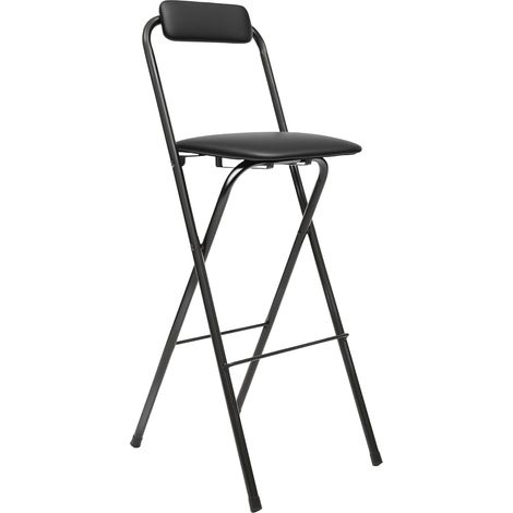 Tabouret pliable en métal, chaise haute pliante, avec repose-pieds,assise et dossier rembourrés, capacité 125 kg, 75 cm de hauteur, noir (1/5)