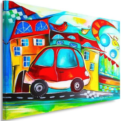 Tableau sur toile Ville colorée Voiture rouge 90x60 (1/5)