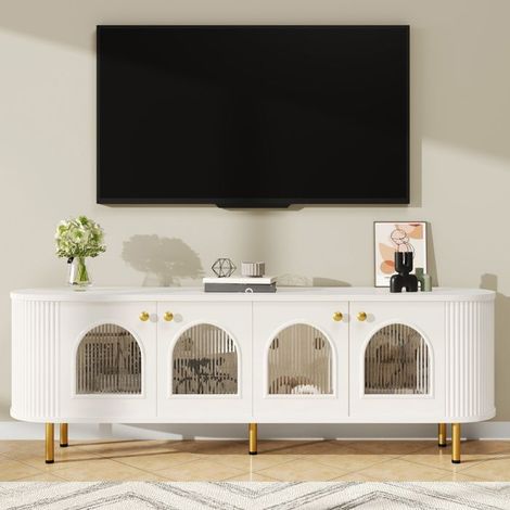 Meuble TV - KOMHTOM - 170x35x55 cm - Portes en verre - Pieds et poignées dorés - Pour grand écran (1/5)