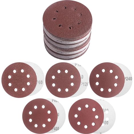 50 discos de lijado de 125 mm, granos 60/120/240/400/800, 8 orificios, para lijadoras orbitales aleatorias. Ideales para lijar, pulir y eliminar óxido en madera, metal y pintura.