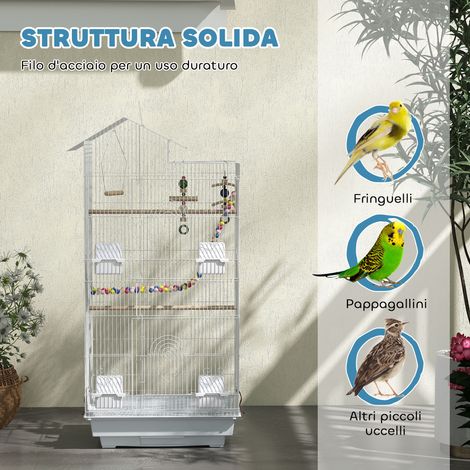 Cage à oiseaux, volière avec poignée et portes, cage avec balançoire, gamelles et jouets, 46 x 36 x 100 cm, blanche (1/5)