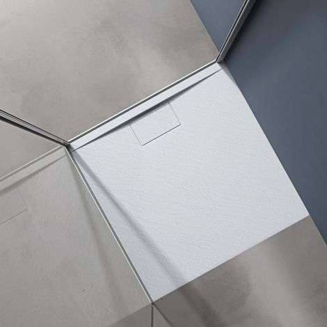 doporro Duschtasse Duschwanne 90x90x3 flach Mineralguss in Weiß DIN-Anschlüsse für bodengleiche Montage geeignet Geoma07 (1/5)
