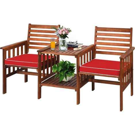 COSTWAY Salon de Jardin en Bois d’Acacia avec Table Basse 2 Chaises Charge 160KG, Ensemble de Meubles avec Coussin Trou de Parasol de 5CM, pour Jardin Cour Bord de Piscine (Rouge) (1/5)