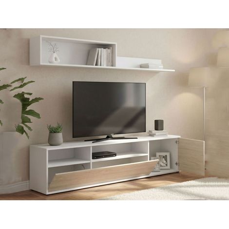 Dmora - Parete attrezzata Gabberi, Composizione soggiorno, Mobile salotto multiuso, Armadio porta TV, 180x35 h44 cm, Bianco e Rovere (1/4)