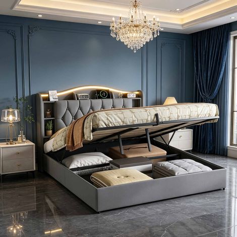 Letto contenitore 140x200 cm in velluto con LED RGB e USB Type-C, letto idraulico con mensole nella testiera, rete a doghe