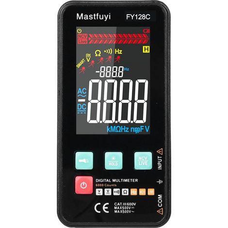 Multimètre numérique, multimètre numérique intelligent FY128C avec support testeur électrique intelligent compact 5999 points LCD rétroéclairé mesure tension AC/DC résistance continuité de fréquence (1/5)