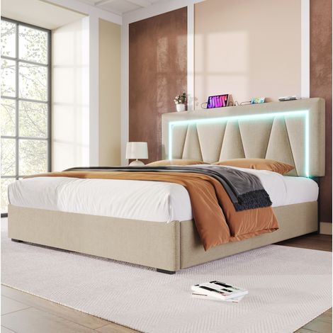 lit adulte lit coffre USB LED 160x200 lin beige OKMYHOME (1/5)