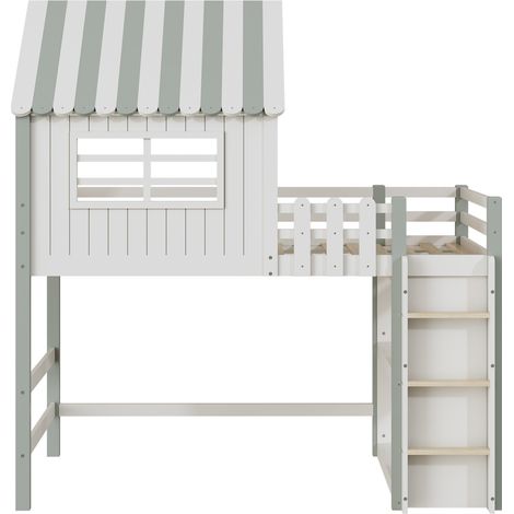 Letto a castello per bambini 90x200 cm in legno verde con scala di sicurezza e spazio contenitore (1/5)