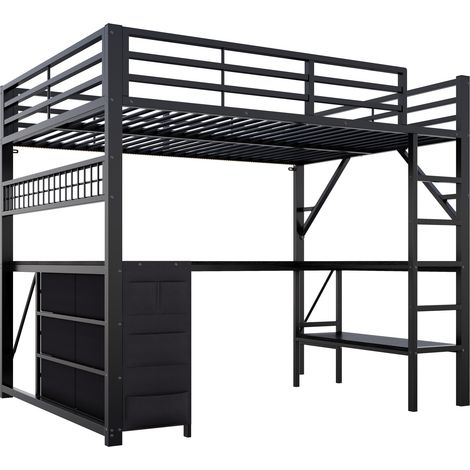 Cama alta gaming de metal 140 x 200 cm con escritorio, cajones, estantes y LED MODENUIT (1/5)