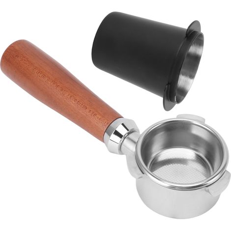 Filtre sans fond en acier inoxydable 51 mm / 2 pouces, porte-filtre nu avec récupérateur de poudre, manche en bois noir (1/5)