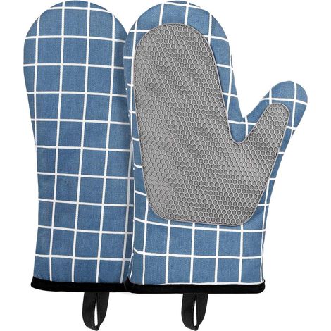 Gants de cuisine (bleus, une paire), gants résistants à la chaleur, gants en coton siliconé résistants à la chaleur (1/5)