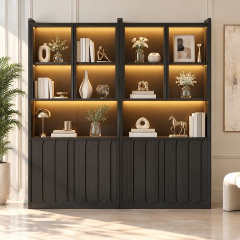 Vitrina de 2 piezas con LED Bluetooth, puertas de vidrio, 160x35x200 cm, negra DESVIAE (1/5)