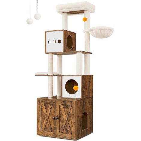 Feandrea – Arbre à chat moderne 180 cm – Cache-litière intégré – Griffoir sisal – Plateformes confort tissu peluche – Marron rustique – Accessoires inclus (1/5)