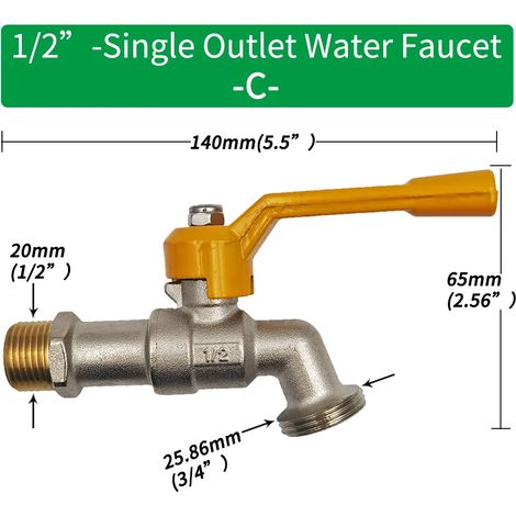(C-1pcs) Adaptateur de robinet pour tuyau d'arrosage 1/2'', connecteur pour réservoir d'eau IBC, irrigation 2 voies/1 voie, raccord de remplacement en laiton avec vanne à bille (1/5)