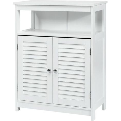 Armoire de rangement salle de bain blanche MDF P2 56×30×80cm, 2 portes à lamelles ventilées, étagère intérieure 3 hauteurs réglables, étagère supérieure ouverte kit anti-basculement (1/5)