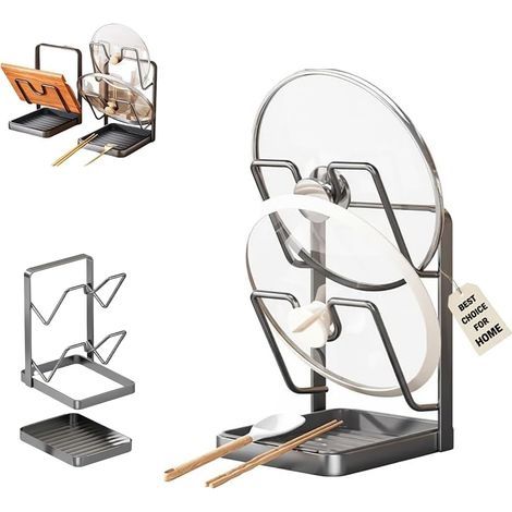 Étagère de rangement double couche en acier inoxydable 304 pour couvercles de casseroles avec plateau d'égouttement amovible, porte-spatule à deux compartiments pour divers couvercles et ustensiles de (1/5)