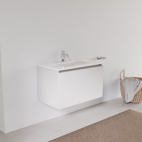Inda - Badezimmerschrank mit 1 Schublade L.80 und quadratischem Waschbecken – Weißer Ledereffekt (1/5)