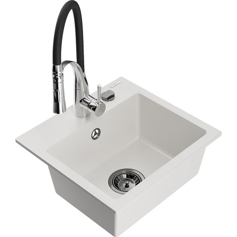 Mexen Milo évier en granit 1 bac avec robinet de cuisine Aster, blanc - 6505-20-73450-07-B (1/5)