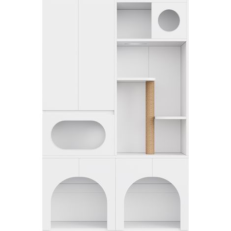 Armoire pour litière et meuble pour animaux avec grattoir et espace repos, 140 x 45 x 195 cm, blanc (1/5)